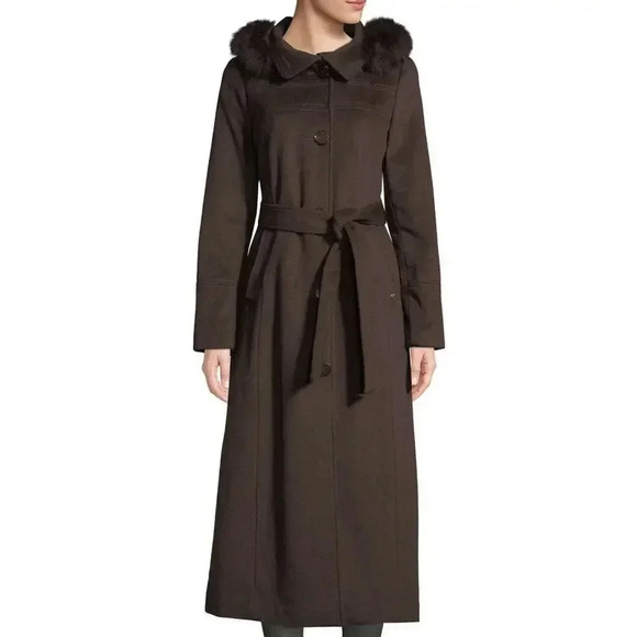 Ellen Tracy Real Fox Fur Hooded Wool Blend Maxi Coat Size 12 NWT Brown - Picture 1 of 16